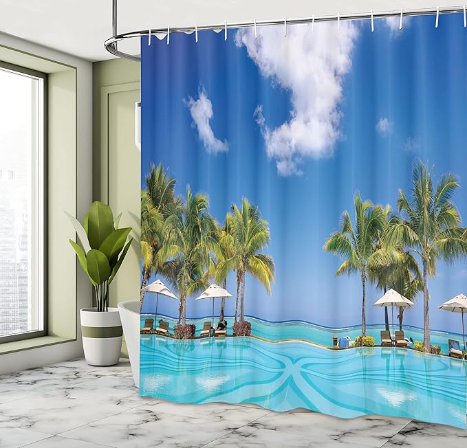 Ambesonne Coastal Shower Curtain, Tropical Beach in Mauritius Swimming Pool and Sunbeds with Coconut Palm Trees, Cloth Fabric Bathroom Decor Set with Hooks, 69" W x 70" L, Green Aqua