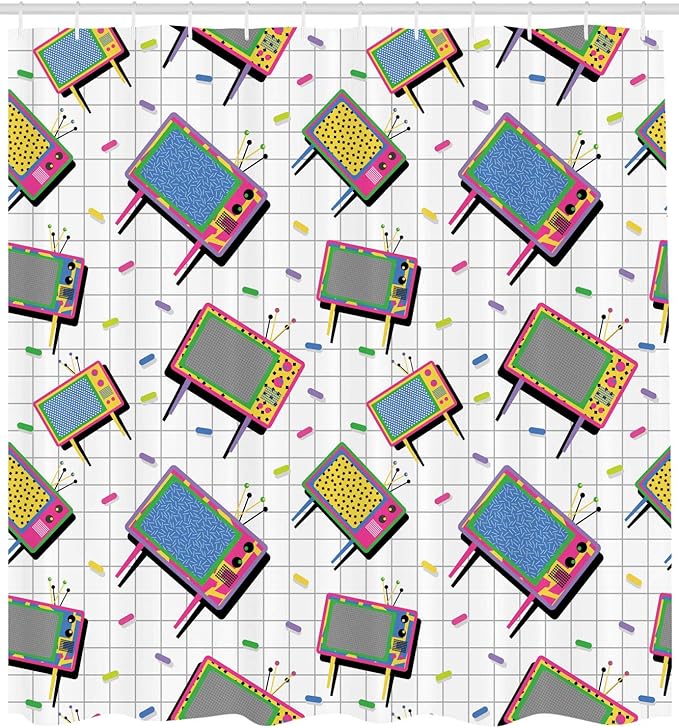 Ambesonne Vintage Shower Curtain, Funny Retro Style Tv 80s Memphis Neon Color with a Geometrical Background Cartoon Style Design, Cloth Fabric Bathroom Decor Set with Hooks, 69" W x 84" L, Grey Aqua