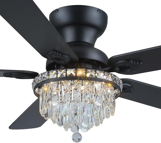 GJeg Crystal Ceiling Fan Fandelier with Lights-Ceiling Fans with Remote Control,Modern Ceiling Fan with Noiseless DC Reversible Motor,Dining Room,Living Room(52" Black)