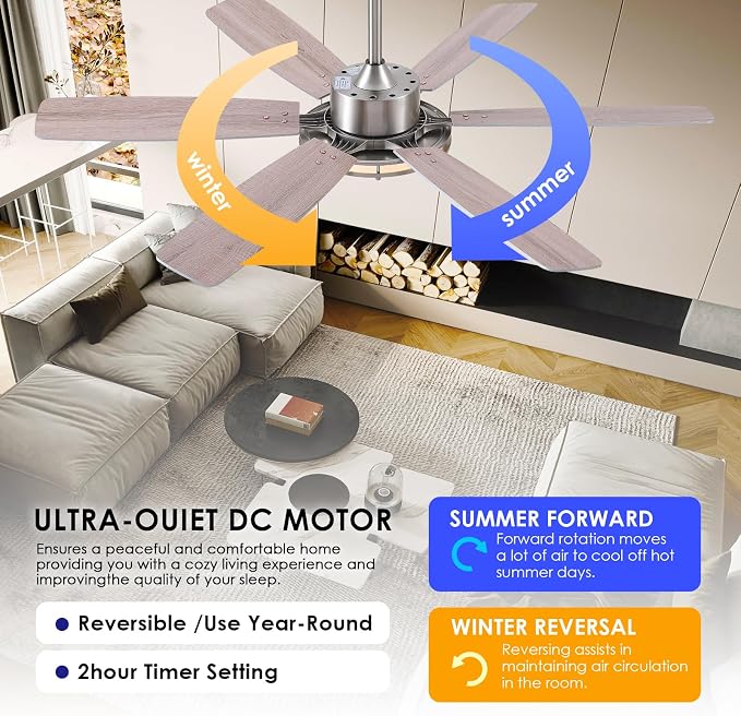 Hounber 52 Inch Ceiling Fans with Lights and Remote, Brushed Nickel Ceiling Fan with 6 Blades Dual Finish, 3CCT, Dimmable, Quiet DC Reversible Motor, Modern Ceiling Fan for Bedroom, Patio, Living Room