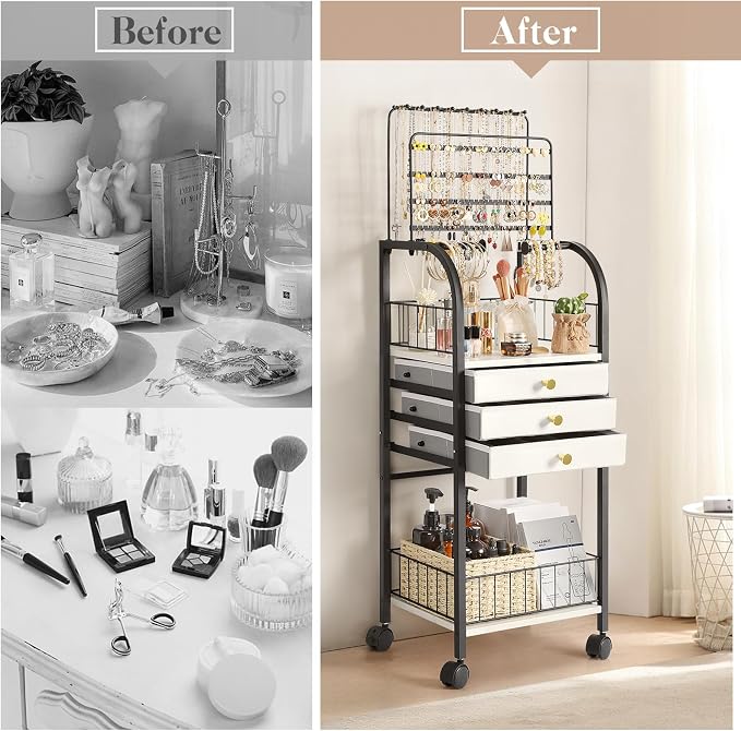 Keebofly Large Floor Jewelry Organizer Stand with 3 Drawers - Black | Mobile Jewelry Tower Holder with Display, Large Capacity Rack for Necklaces & Rings, Perfect Storage Gift for Women