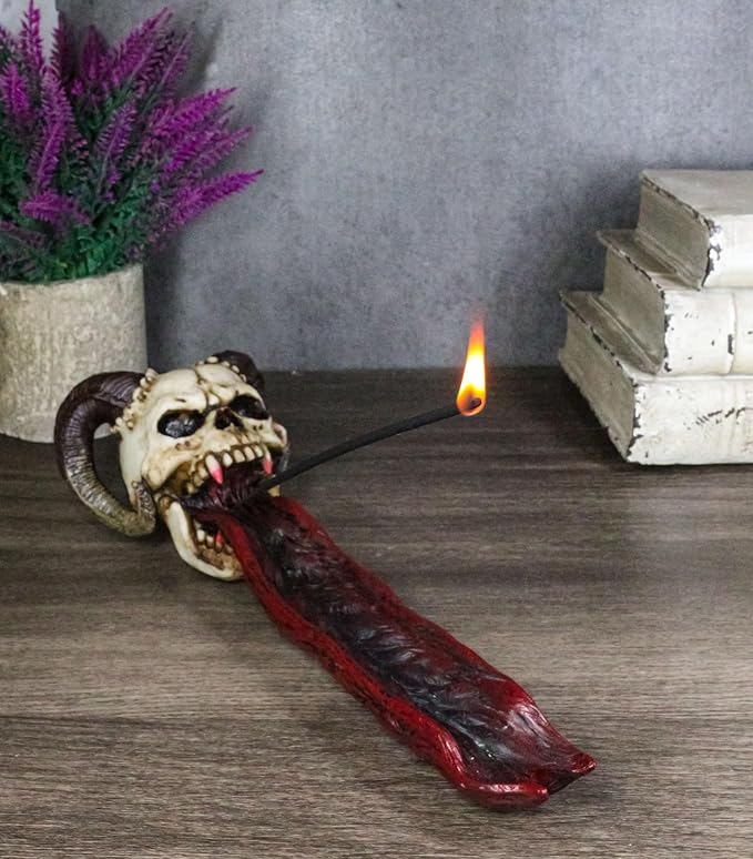 Ebros Vampire Fanged Ram Horned Skull with Demonic Tongue Incense Stick Burner Holder 10.5" Long Skulls Skeletons Halloween Aromatherapy Decorative Accent Figurine Accessory