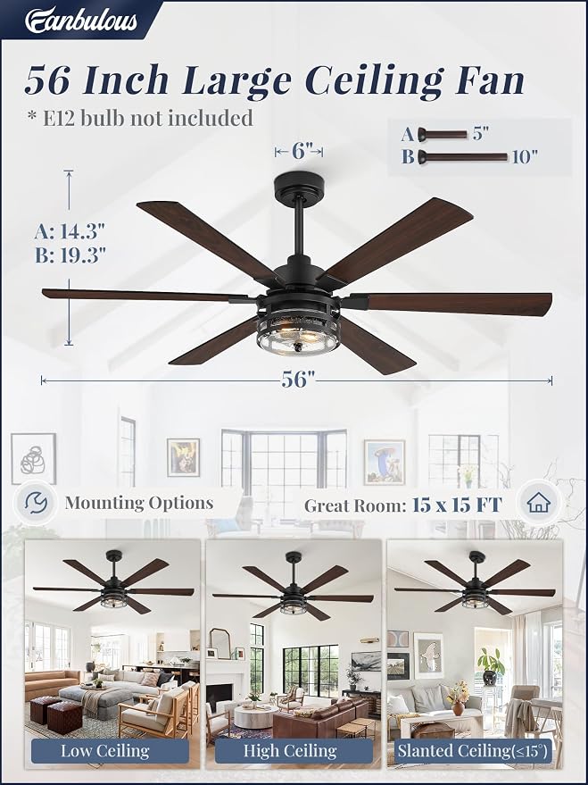 Fanbulous 56 Inch Large Farmhouse Ceiling Fan with Light & Remote,Black | Powerful 6-Speed Reversible DC Motor, Industrial 6 Dual Finish Blades, Ideal for Living Room, Bedroom, Patio, Garage