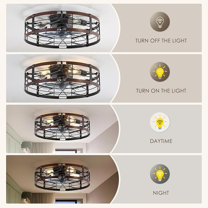 ZYD 20" Caged Ceiling Fan with Light, Farmhouse Cieling Fan with Quiet DC Motor, Rustic Metal Cage with Wood Grain Accent, Ideal for Bedroom, Living Room, Kitchen, Dining Room, Cafés, Restaurants