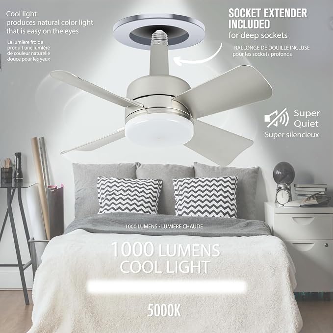 Bell+Howell Socket Breeze Cool Light Deluxe Silver – Ceiling Fans with LED Lights and Remote Control, Replacement for Lightbulb - Bedroom, Kitchen, Living Room,1000 Lumens / 5000 Kelvins