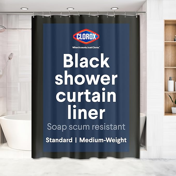 Clorox Shower Curtain Liner, Premium Medium Weight Flexible Waterproof 6g PEVA for Bathroom with Weighted Magnets, Standard Size 72" x 72", Black 1 Pack