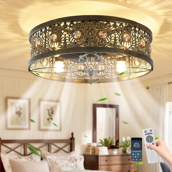Garwarm 20" Caged Ceiling Fans with Lights,Vintage Victorian Rustic Crystal Fandelier,Low Profile Flush Mount Enclosed Bladeless Ceiling Fan with Light and Remote for Bedroom,Kitchen,Dining Room