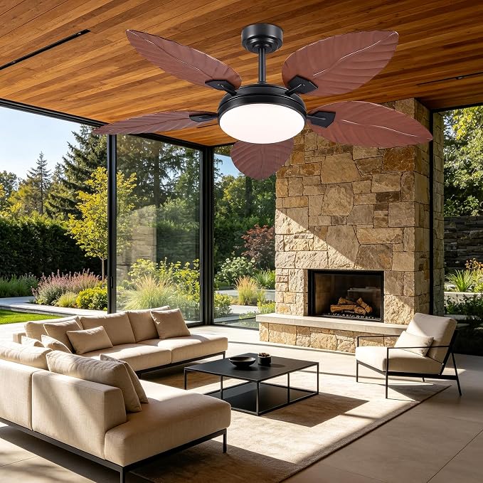GJeg Tropical Ceiling Fans with Lights and Remote,52Inch Outdoor Palm Leaf Ceiling Fan for Patios Porch Bedroom, Dimmable LED Light, 6 Speeds, Reversible,Brown