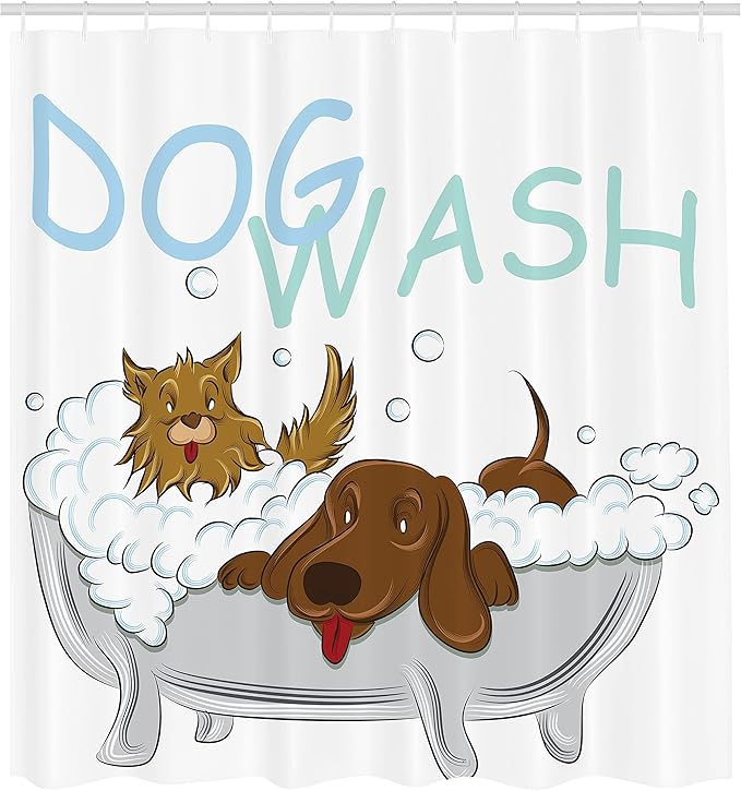 Ambesonne Cartoon Shower Curtain, Playful Dogs Wash in a Bathtub Grooming Each Other Pets Theme Humor Funny Whimsical Illustration, Cloth Fabric Bathroom Set with Hooks, 69" W x 75" L, Brown White
