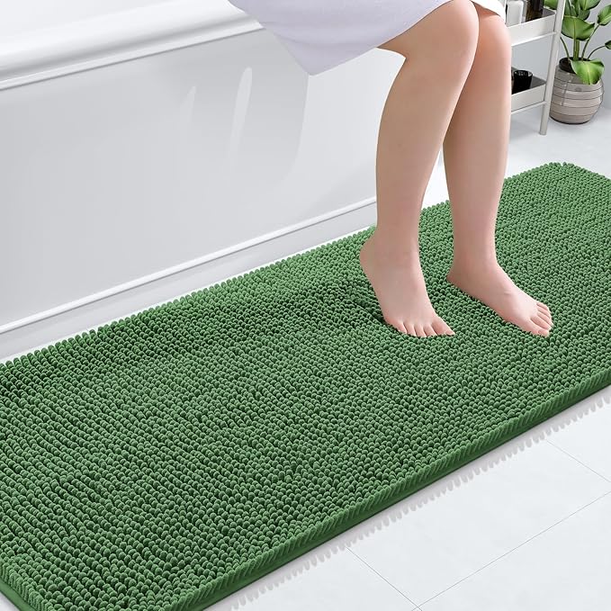OLANLY Bathroom Runner Rugs 70x24, Soft Absorbent Chenille Bath Rugs, Rubber Backing Quick Dry, Machine Washable Long Bath Mats for Bathroom Floor, Tub and Shower, Home Decor Accessories, Olive Green