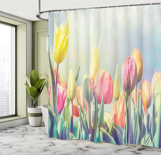 Ambesonne Pastel Shower Curtain, Tulips Flower Bed in Park Serene Landscape Happiness Fresh Spring Environment Image, Cloth Fabric Bathroom Decor Set with Hooks, 69" W x 75" L, Multicolor