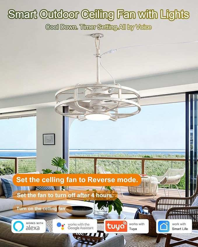 20" Outdoor Ceiling Fan with Light – Waterproof Plug-In Smart Fan for Porch, Pergola & Gazebo, 4CCT Color Adjustable, Alexa & Google Compatible, Caged Design, Antique White Gold Finish