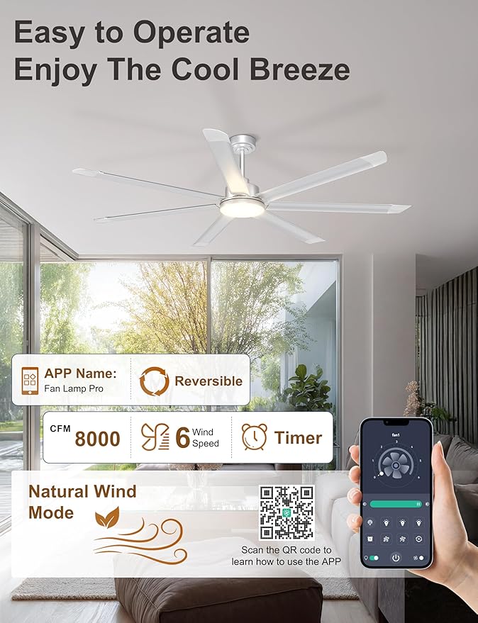 Ohniyou 72'' Industrial Ceiling Fan with Light for Patio, Garage, Silver | 8000 CFM Airflow, 35dB DC Motor, 7 Aluminum Blades, 3CCT Dimming, Remote/APP Control, Covered Outdoor Metal Fan