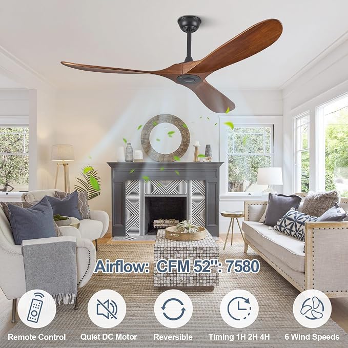 ABZ 52" Solid Wood Ceiling Fan, Outdoor, 3 Blade, No Light, Walnut, for Patio Living Room Bedroom Porch, Remote Control, Water Resistant