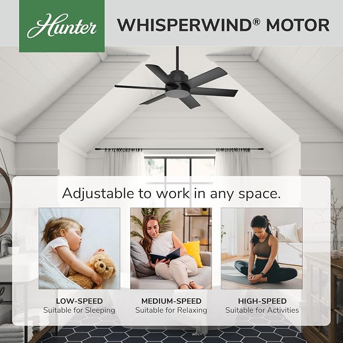Hunter 44 inch Outdoor or Indoor Ceiling Fan No Light - Black Ceiling Fan without Light, For Patio, Porch, Garage, or Living Room, Standard Mount, 6 Blades, Wall Control - Kennicott 59613, Matte Black | No Light, Standard Mount, Wall Control, 6 Blades,...