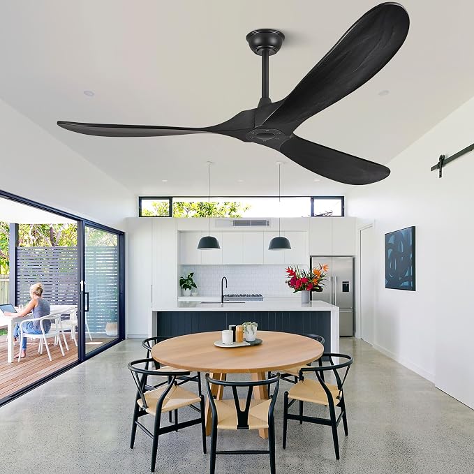 Haipeel 52 Inch Ceiling Fan no Light, Wood Ceiling Fans without Lights with Remote Control, Indoor Outdoor Ceiling Fan for Porch Garage Modern Propeller Black Ceiling Fans 3 Blades, Matte Black