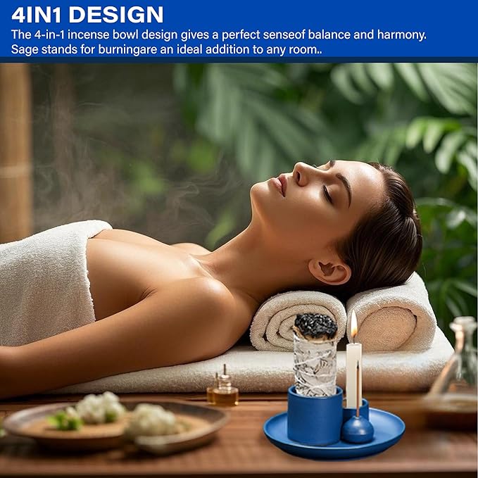 Morandi Color 4 in 1 Ceramic Incense Holder - for Incense Sticks, palo Santo, sage. Includes Candlestick soot Collection Tray. Ideal for Meditation and Yoga Studios. Handmade and Easy to Clean