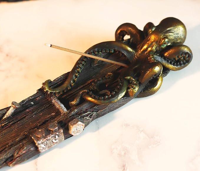 Ebros Nautical Ocean Marine Octopus On Castaway Shipwreck Wooden Deck Incense Stick Burner Holder Resin Statue Sea Kraken Giant Octopuses Themed Decorative Figurine
