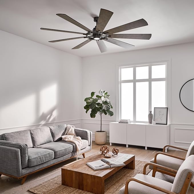 Kichler Gentry XL 85" Ceiling Fan with Lights, 1-Light LED, 3000K, 9-Blade Modern Rustic Fan for Bedroom in Anvil Iron, (85" W x 16.5" H), 300285AVI