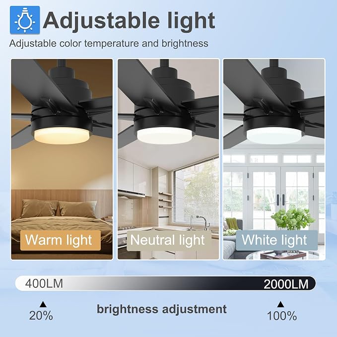 42 Inch Black Ceiling Fan with Light and Remote Control,Dimmable 3 Color Temperatures LED Ceiling Fan,6 Speeds Reversible DC Motor,5 Blades Modern Ceiling Fans for Indoor or Covered Outdoor