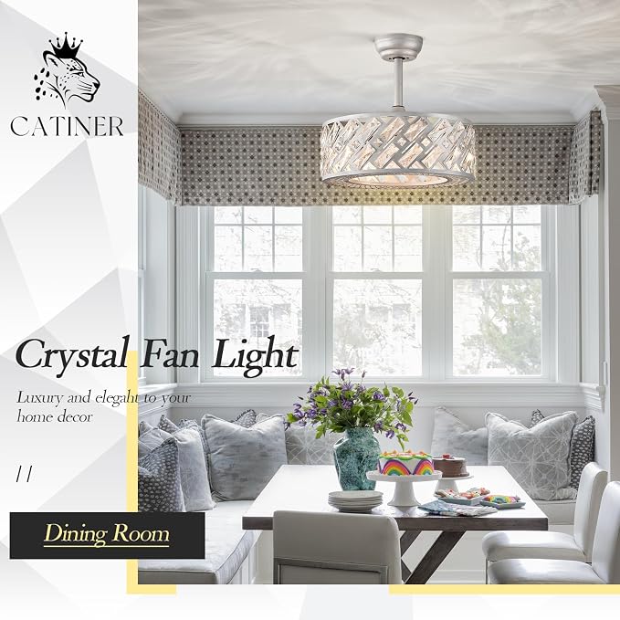 CATINER 18.5" Crystal Caged Bladeless Ceiling Fan with Light, Remote Control, Silent 6-Speed Reversible Motor – Modern Enclosed Ceiling Fan for Bedroom, Kitchen, Living Room (Silver)