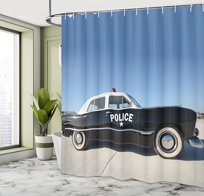 Ambesonne American Shower Curtain, Side View of a Parked Old American Police Car and The Sky Digital Print, Cloth Fabric Bathroom Decor Set with Hooks, 69" W x 70" L, Blue Beige and Black