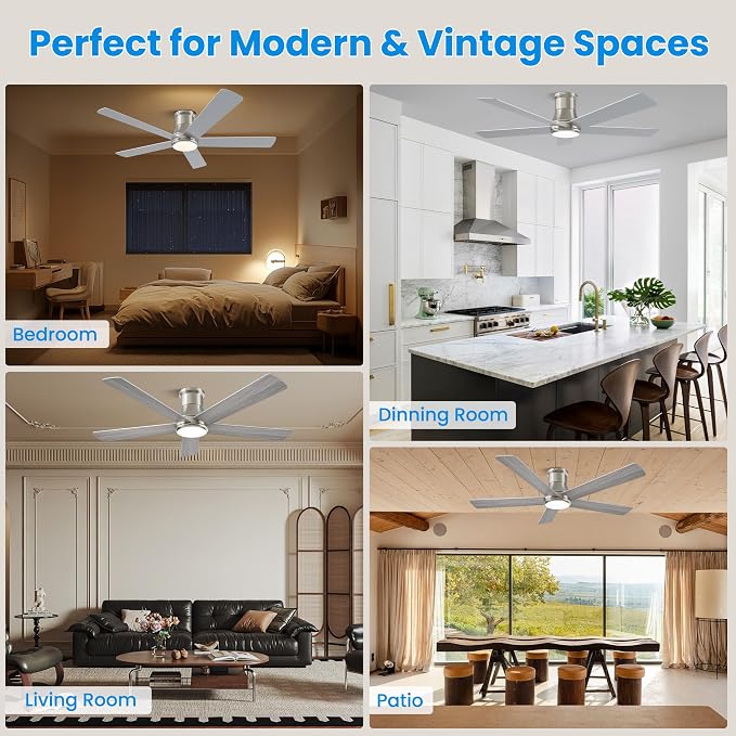 52 Inch Low Profile Ceiling Fan with Light, Burshed Nickel Ceiling Fans with Lights and Remote, Flush Mount, 6 Speeds Quiet DC, 3CCT Dimmable, Indoor Outdoor Ceiling Fans for Patios Bedroom