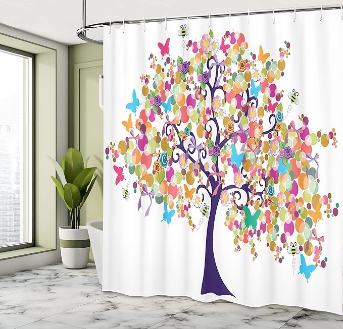 Ambesonne Tree of Life Shower Curtain, Abstract Ornamental Spring Branches of Flowers and Butterflies Happy Season Concept, Cloth Fabric Bathroom Decor Set with Hooks, 69" W x 75" L, Indigo Magenta