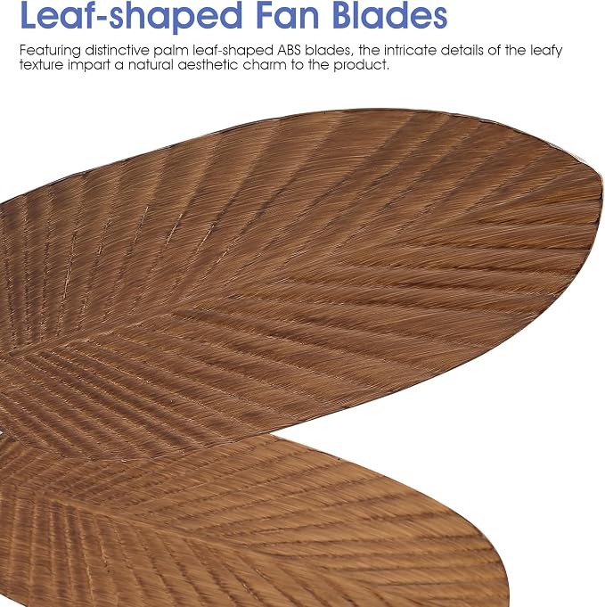 Kviflon Tropical Ceiling Fans with Lights and Remote/APP Control, 45 Inch Low Profile Flush Mount Ceiling Fans, Palm Leaf Ceiling Fan with Light for Bedroom Patios Porch Outdoor, Wood Grain