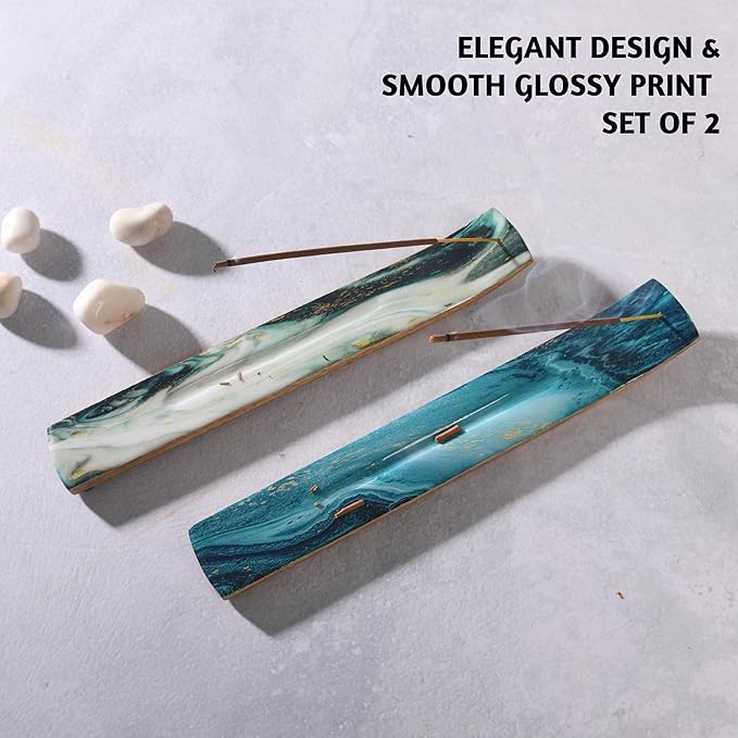 Folkulture Set of 2 Incense Holder or Incense Burner for Insence Sticks, Insence Burner Holder for Home Decor or Ash Catcher, Inscent Tray or Insense Stick Holders, Mango Wood, Blue and Green Agate