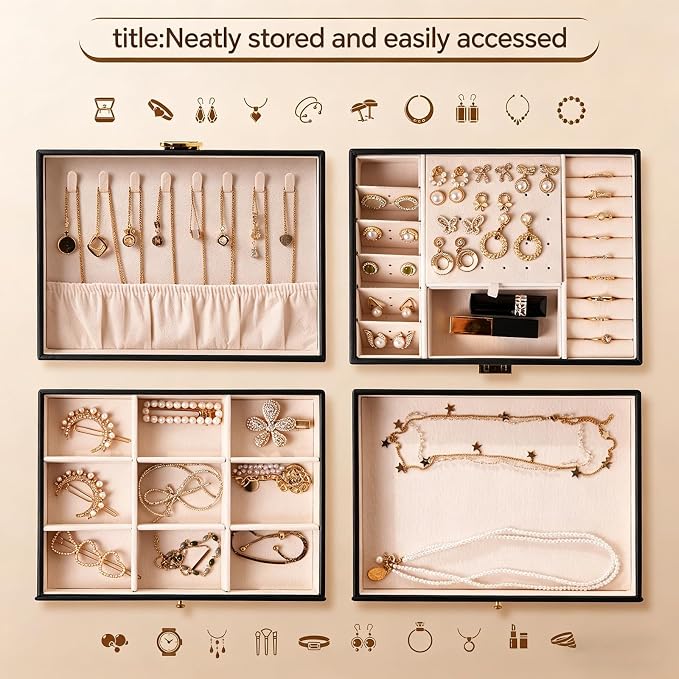 3 Layer Jewelry Box Organizer with Drawers, Lockable Holder for Women Girls | Large Capacity Storage Case with Velvet Lining, Earring Slots, Ring Cushions, Necklace Hooks, Elegant Gift for Mom
