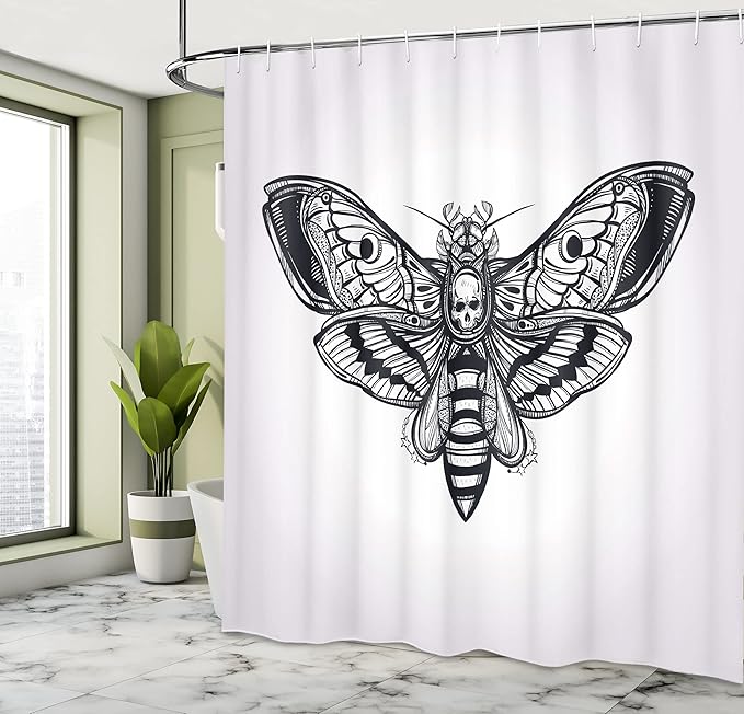Ambesonne Skull Shower Curtain, Dead Moth with Skull Face in Gothic Grunge Style Dark Butterfly Inner Self Journey, Cloth Fabric Bathroom Decor Set with Hooks, 69" W x 70" L, White Black