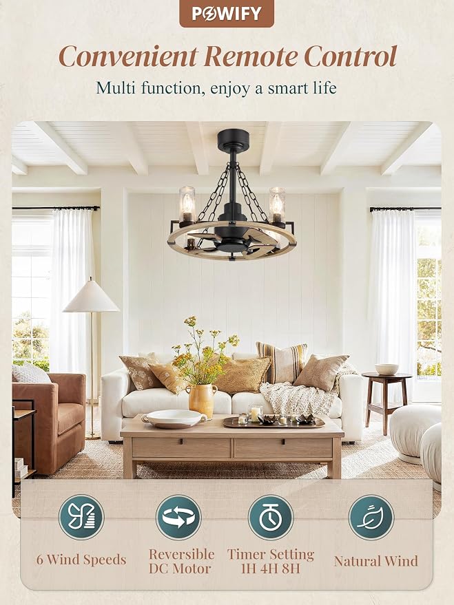 Wagon Wheel Rustic Chandelier Ceiling Fan with Light, 20 inch Farmhouse Caged Ceiling Fans, Quiet Reversible Motor, Dual Finish Blades, Wood Bladeless Fan Lights Ceiling Fixtures for Bedroom Kitchen