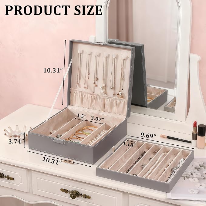 BEWISHOME Jewelry Box Organizer, 2-Layer Necklace Organizer Box, Modern Style Necklace And Bracelet Storage Case, Necklace Case for Women, Girls Mothers Day (Grey SSH31H)