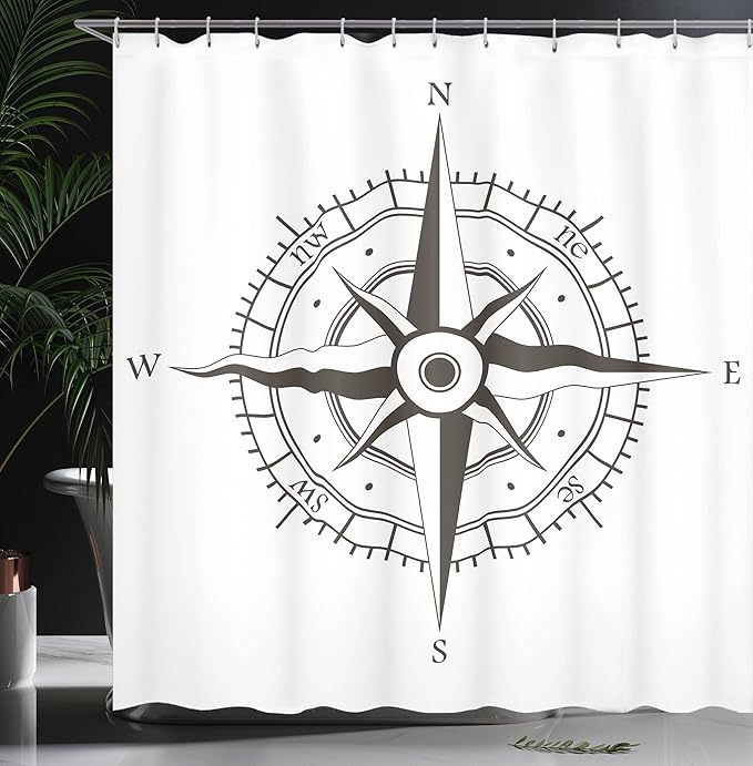 Ambesonne Compass Shower Curtain, Wind Rose Old Fashion Navigational Equipments Orienteering Illustration Print, Cloth Fabric Bathroom Decor Set with Hooks, 69" W x 84" L, Evergreen White