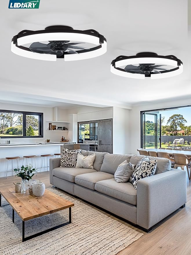 LEDIARY 2 Pack 20" Ceiling Fans with Lights and Remote, Low Profile Ceiling Fan, 3 CCT, Stepless Dimmable, Fandelier Flush Mount Fan Light, 6 Speeds, DC Motor, App & Remote Control for Bedroom(Black)