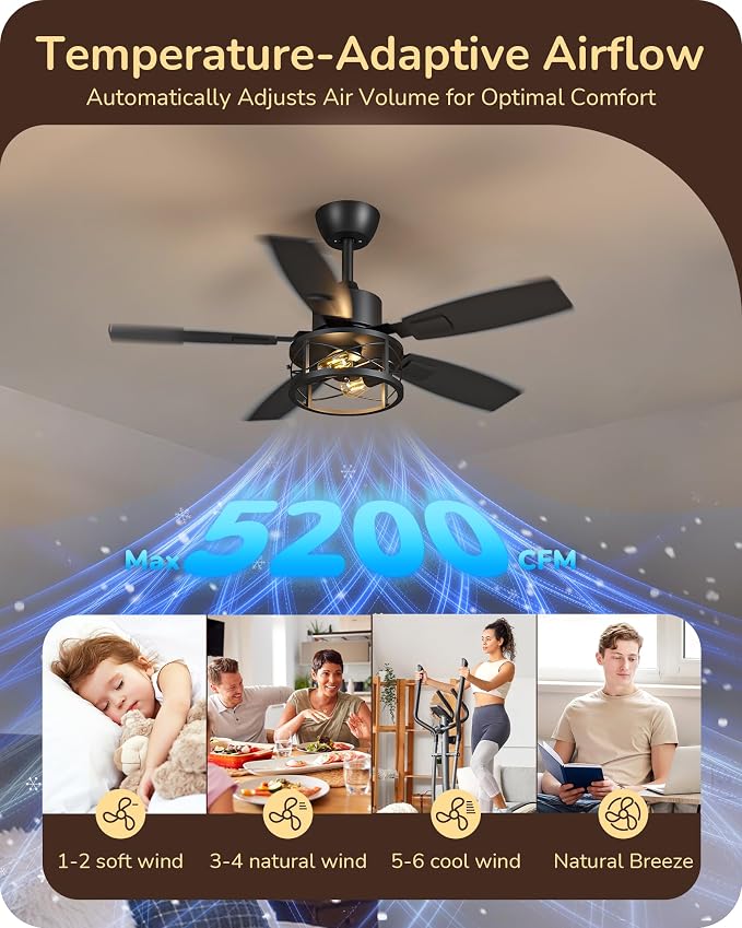 EDISHINE 42" Farmhouse Ceiling Fans with Lights and Remote, 10%-100% Dimmable, 6 Speeds, 5 Wood Blades, Reversible DC Motor, Timer, Quiet, Rustic Caged Fandelier Ceiling Fan for Bedroom Living Room