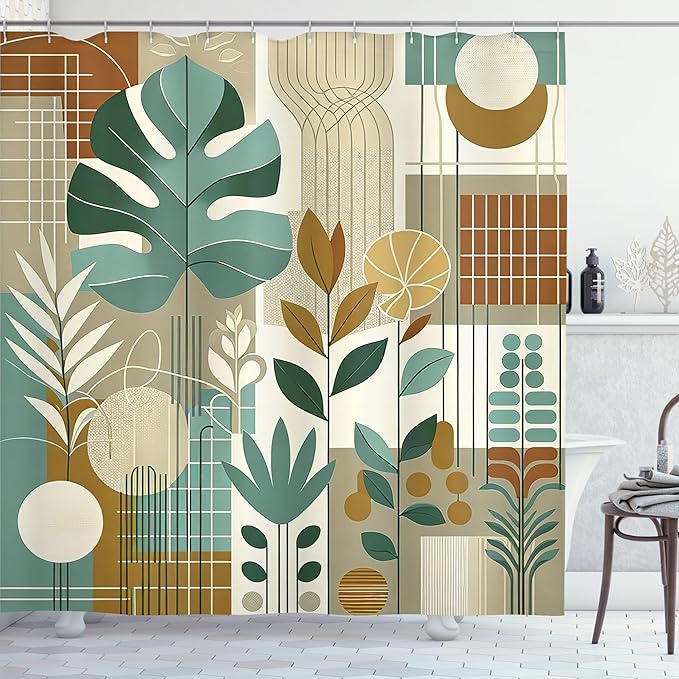 Ambesonne Mid Century Modern Shower Curtain, Abstract Retro Monstera and Palm Leaves Lines and Circles, Cloth Fabric Bathroom Decor Set with Hooks, 69" W x 75" L, Dark Khaki Beige Green