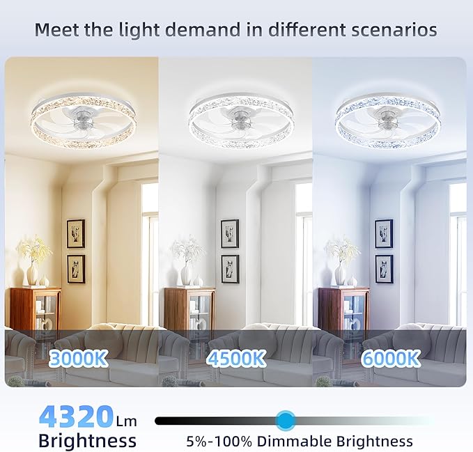 20'' Low Profile Ceiling Fan with Light and Remote, Diamond White | Flush Mount 7-Blade Fandelier with App Control, 3CCT Dimmable, Reversible DC Motor, 6 Speeds Ceiling Fan for Bedroom