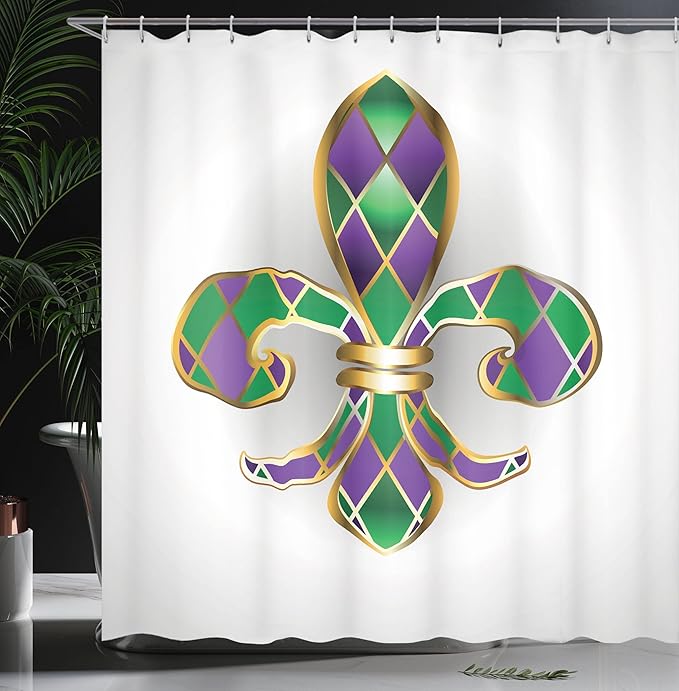Ambesonne Fleur De Lis Shower Curtain, Golden Yellow Colored Lily Diamond Shapes Royalty Theme, Cloth Fabric Bathroom Decor Set with Hooks, 69" W x 70" L, Purple Green