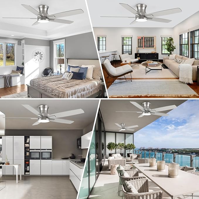 52 Inch Flush Mount Brushed Nickel Ceiling Fan with Light and Remote Control.Noiseless,Dimmable,3CCT,6 Speeds Reversible, Low Profile DC Ceiling Fans for Indoor or Covered Outdoor Use,ETL Listed