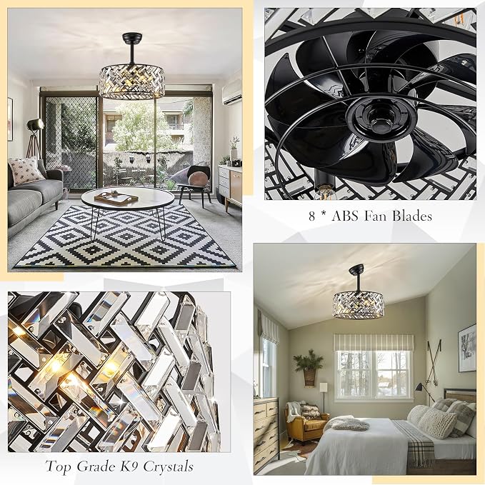 Modern Caged Ceiling Fan with Light Crystal Fandelier with Remote Control 18” Black Flush Mount Ceiling Fan DC Motor with Reversible 8 Blades 6 Speeds for Bedroom Dining Room Kitchen