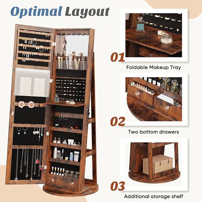 360° Rotating Jewelry Armoire with Full-Length Mirror & LED | Lockable Standing Organizer, Secure Storage For Jewelry, Brown