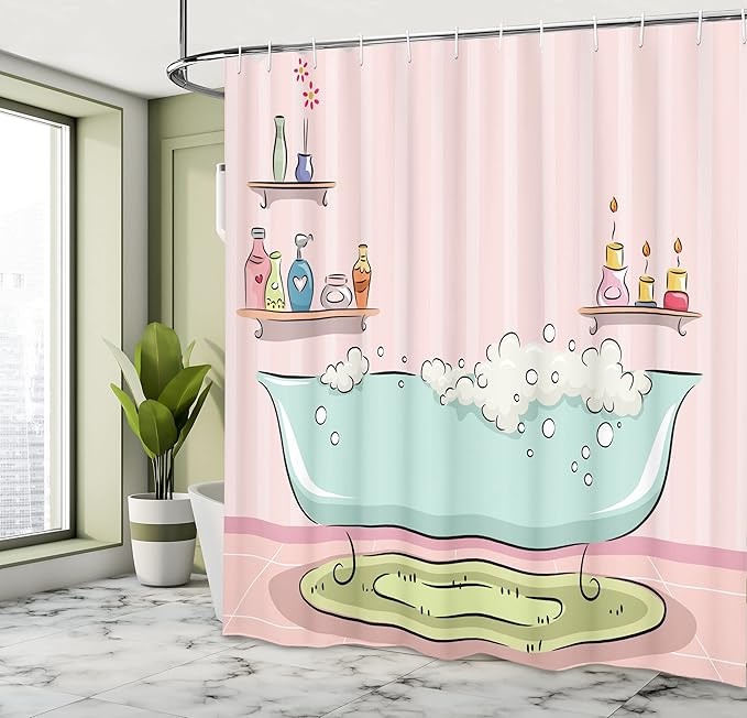Ambesonne Feminine Shower Curtain, Illustration of a Bathtub with Bubbles in Girly Room Aroma Oil Aromatherapy, Cloth Fabric Bathroom Decor Set with Hooks, 69" W x 75" L, Pink Blue