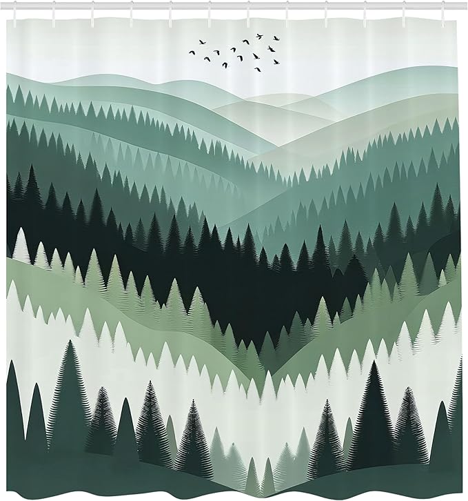 Ambesonne Green Shower Curtain, Bohemian Nature Themed Woodland Valley with Jade Tones Modern Scandinavian, Cloth Fabric Bathroom Decor Set with Hooks, 69" W x 70" L, Grey Teal Cadet Blue