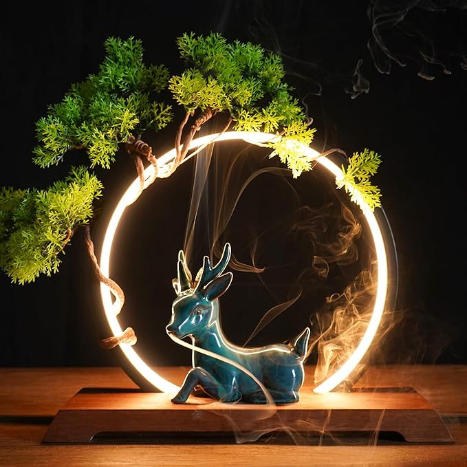 Backflow Incense Holder with LED Light Ring Ceramic Backflow Incense Burner with 20 Incense Cones LED Incense Burner for Home Office Decor Yoga Aromatcherapy