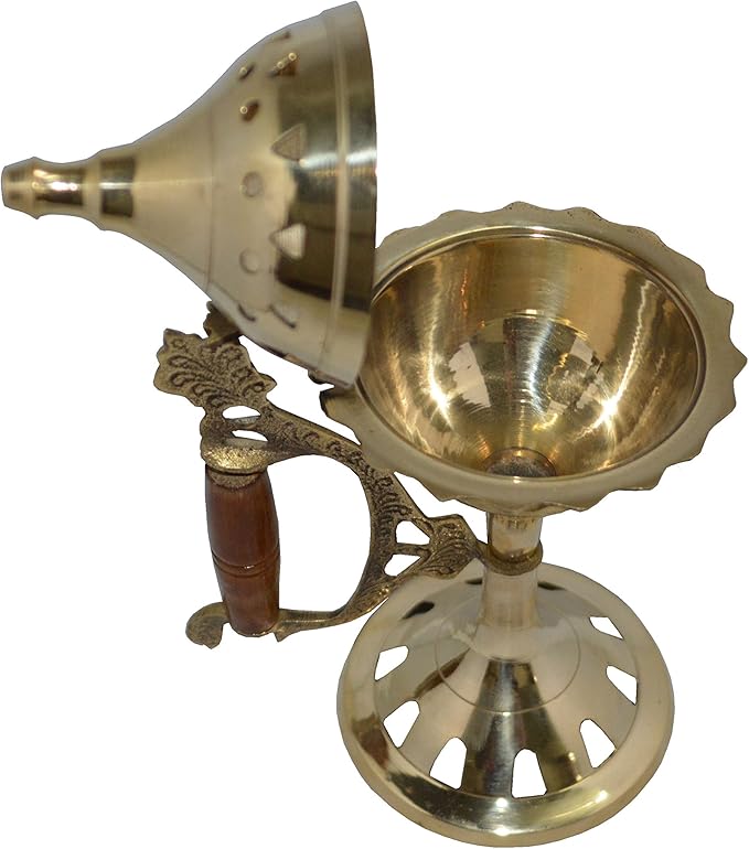 Zap Impex® Lotus Style Solid Brass Vessel Brass Long Incense Charcoal Burner (Size- 7 Inch)