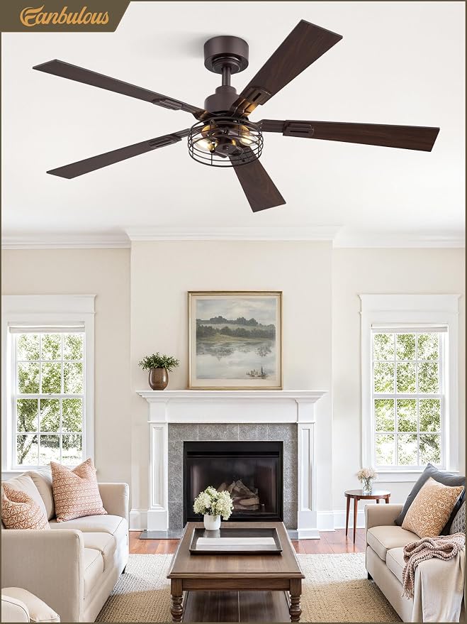 Fanbulous 2 Pack Farmhouse 48 Inch Ceiling Fans with Lights, Industrial Caged Ceiling Fans for Bedroom Living Room, Double-Sided 5 Blades Rustic Ceiling Fan-Oil Bronze
