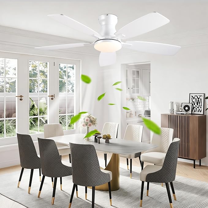 JSAITEE 46 Inch Low Profile Flush Mount Ceiling Fan with Lights, Black | Flush Mount Low Profile Ceiling Fan with DC Motor, 6 Speeds 3CCT Dimmable, Modern Indoor Fan Light Fixtures