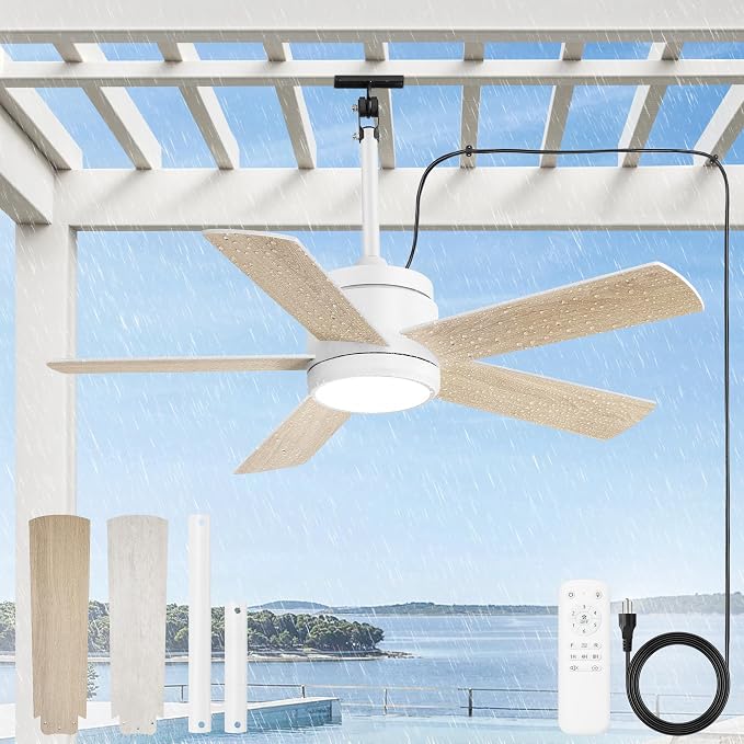 Fanbulous 42" Outdoor Ceiling Fan with Light and Remote, IP65 Waterproof, Plug-in Design with 10FT Cord, 6-Speeds, 3CCT, Hook Hanging Fan for Gazebo Patio Porch Garage Canopy(White)